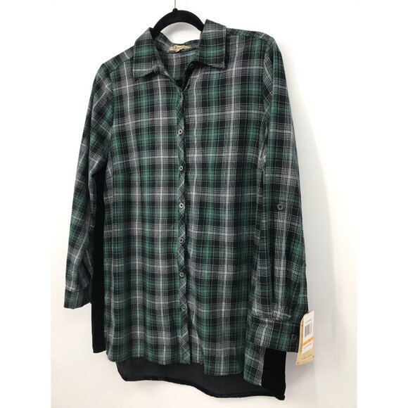 Democracy Plaid Velvet Embroidered Long Sleeve Button Front Shirt Green Small NE - Picture 2 of 7